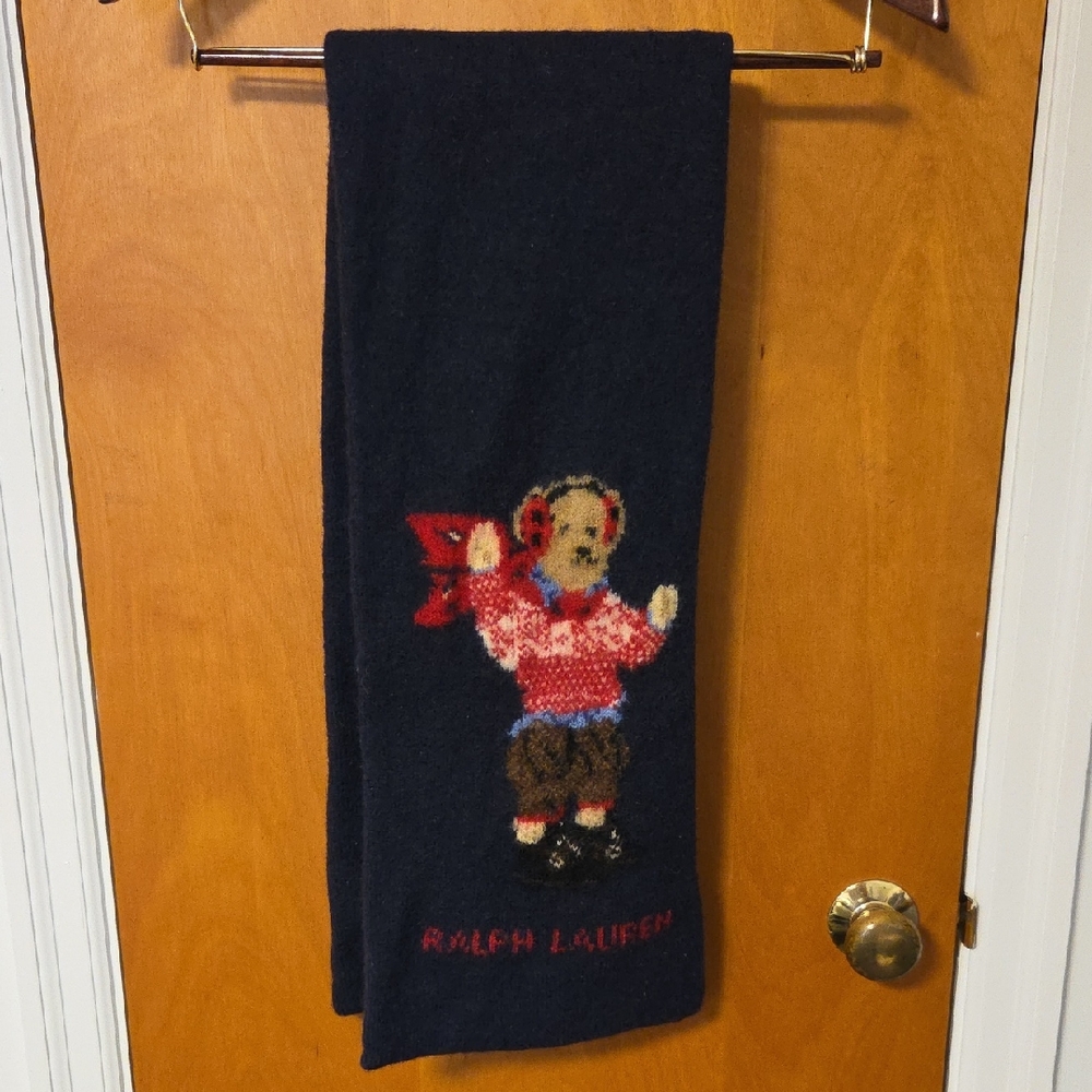 Ralph Lauren Navy Wool Scarf Polo Bear